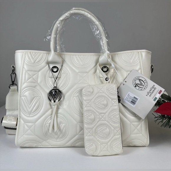 NWT Valentino Orlandi Large Quilted Tote Bag With Matching Wallet White - Picture 1 of 9